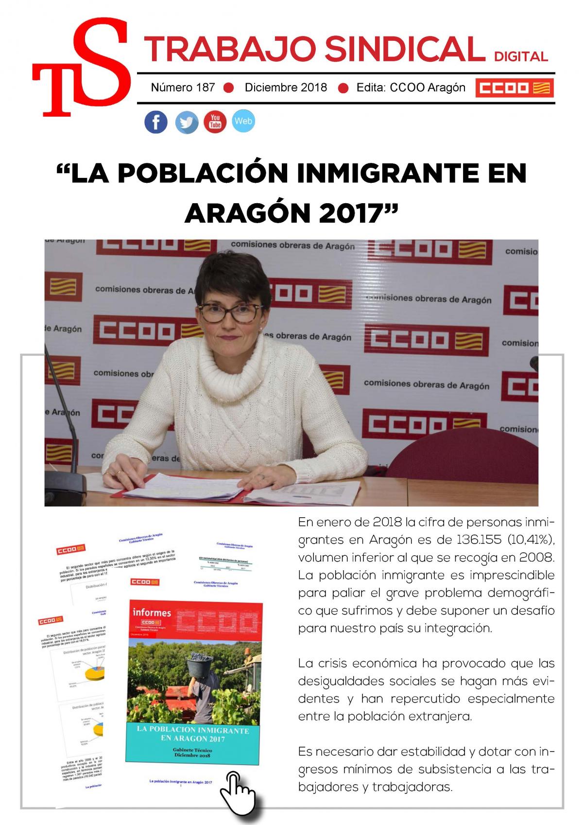 Trabajo Sindical digial 187. La poblacin inmigrante en Aragn 2017.